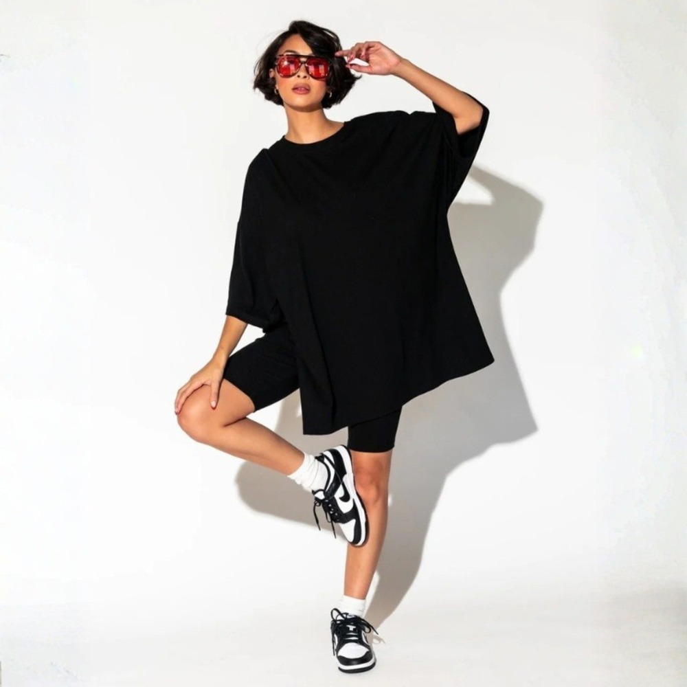 Lala Malone Ribbed Biker Set in Black Oversized T-Shirt and Short Set Small